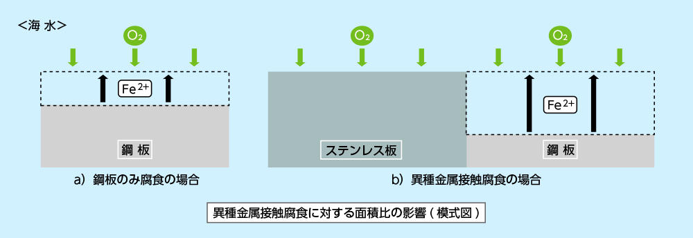 異種金属接触腐食に対する面積比の影響(模式図)